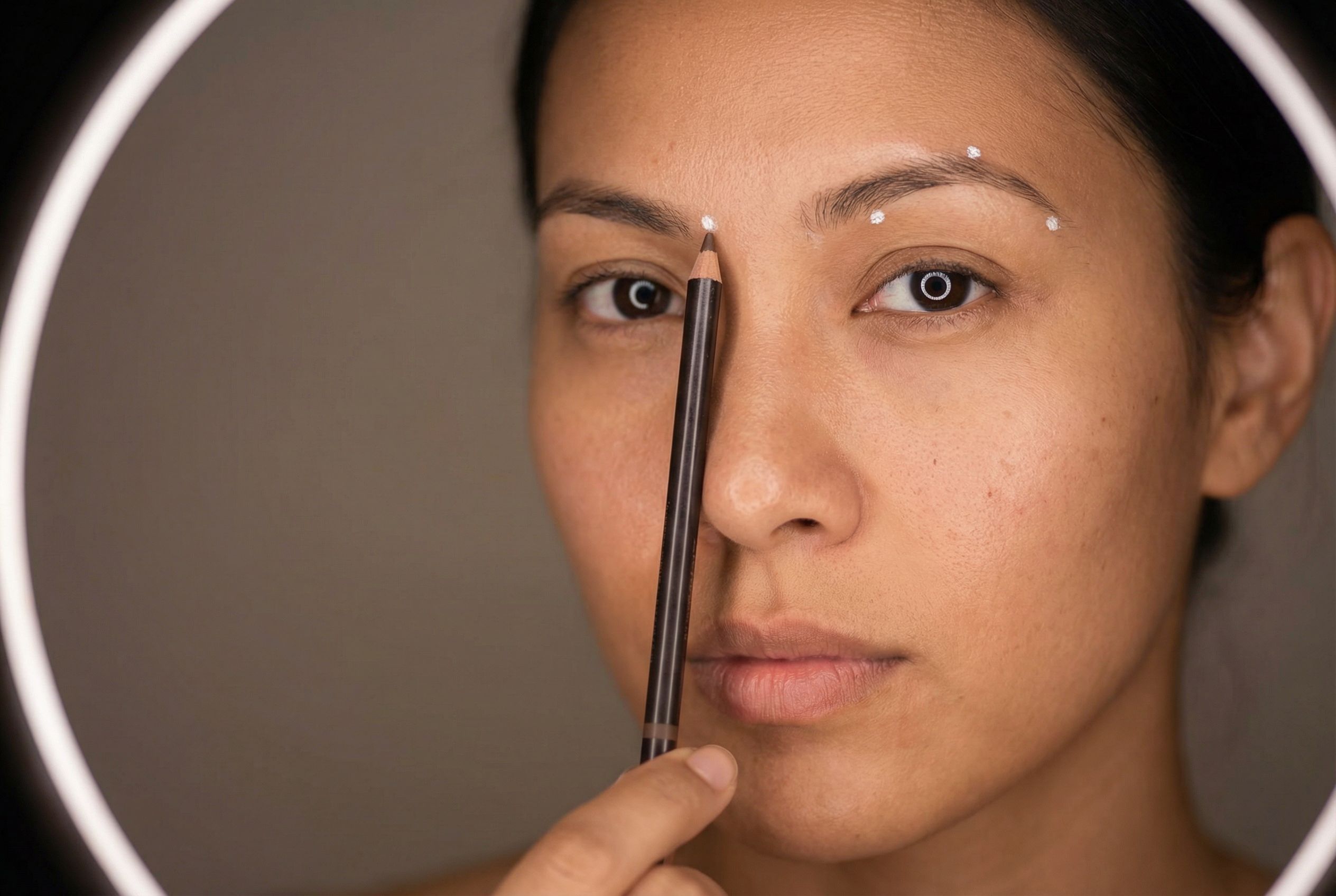 Woman demonstrating the brow mapping pencil trick by holding a pencil vertically alongside the bridge of her nose