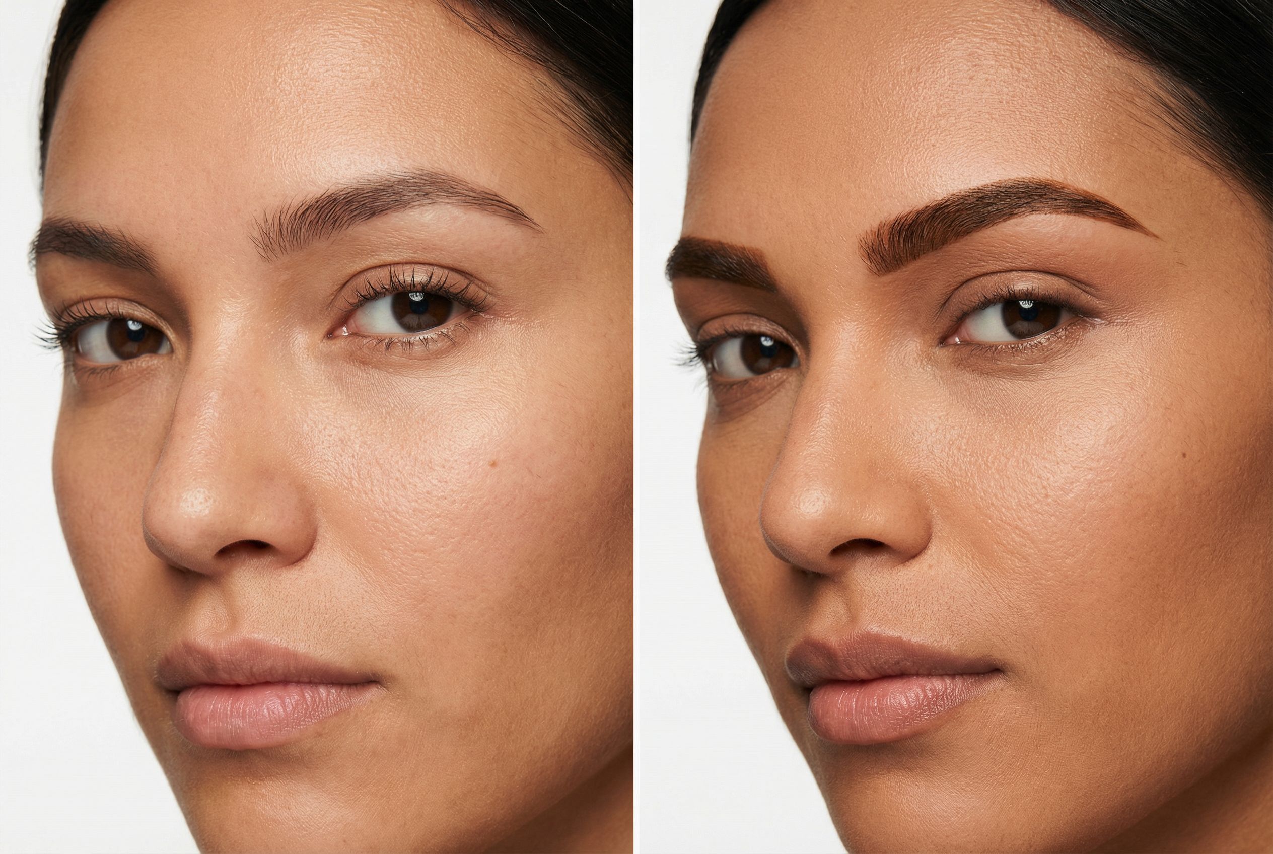 Side-by-side comparison of traditional brow tint with natural enhancement versus henna brows with visible skin stain